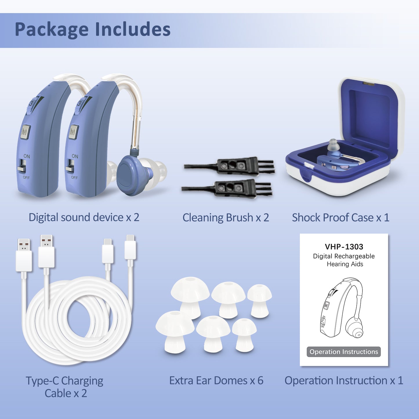 HIBRIQ VHP-1303 Hearing Aids for Adults: 2 Frequency Modes, Rechargeable Hearing Amplifiers, Noise-Cancelling Sound Devices with Adjustable Volume Controls, Binaural, Blue