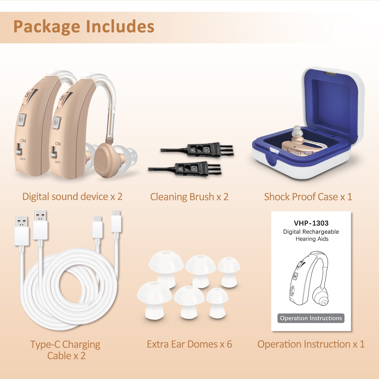 HIBRIQ VHP-1303 Hearing Aids for Adults: 2 Frequency Modes, Rechargeable Hearing Amplifiers, Noise-Cancelling Sound Devices with Adjustable Volume Controls, Binaural, Beige