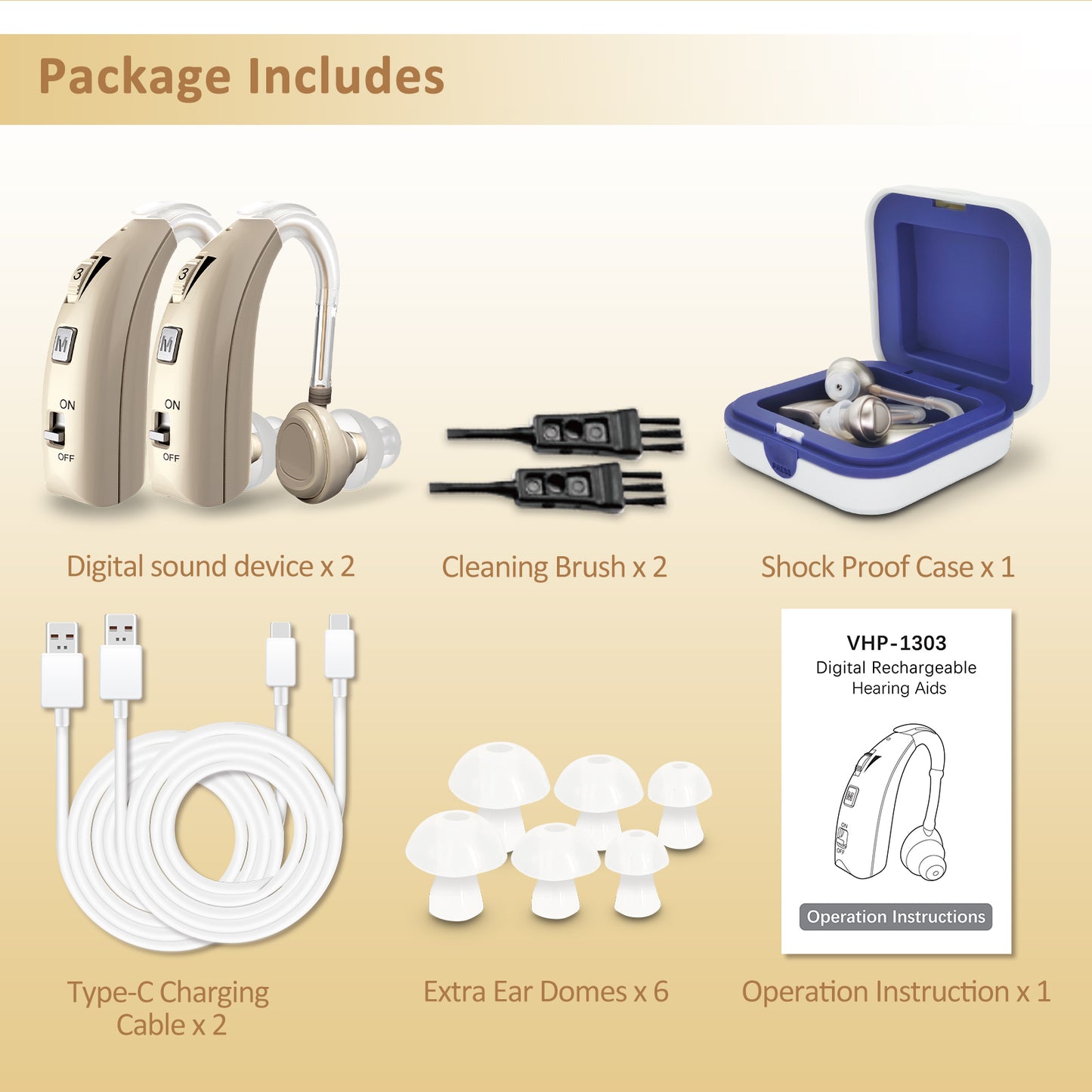 HIBRIQ VHP-1303 Hearing Aids for Adults: 2 Frequency Modes, Rechargeable Hearing Amplifiers, Noise-Cancelling Sound Devices with Adjustable Volume Controls, Binaural, Gold