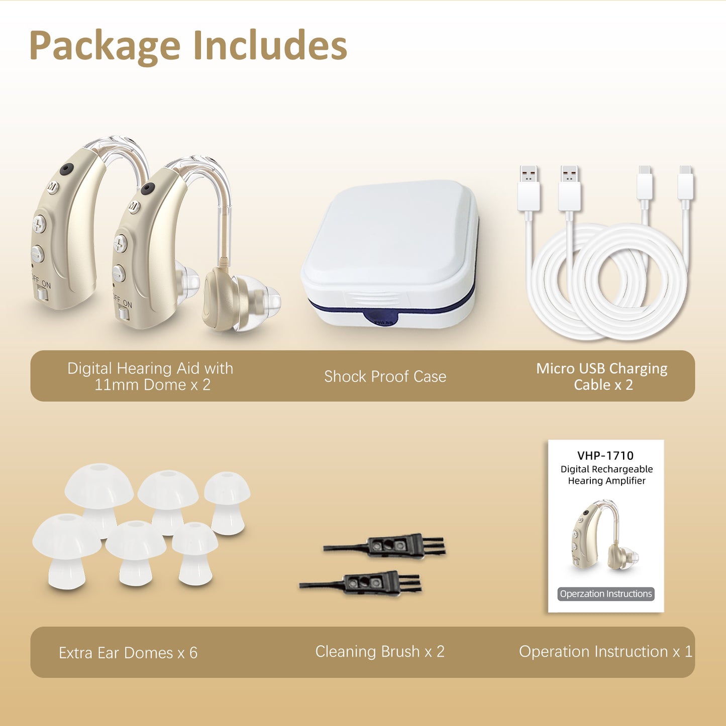 HIBRIQ VHP-1710 Binaural Hearing Aids, 16-Channel Rechargeable Sound Devices with Intelligent Noise Reduction, Adjustable 4 Modes & 8 Volume Levels, Golden