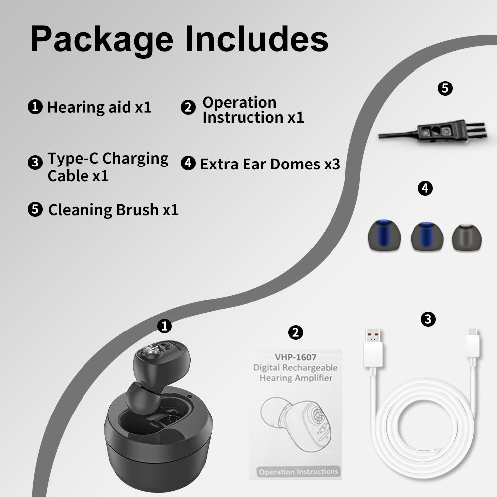 HIBRIQ VHP-1607 Hearing Aids, Rechargeable Hearing Amplifiers with Portable Charging Case, Single (Black)