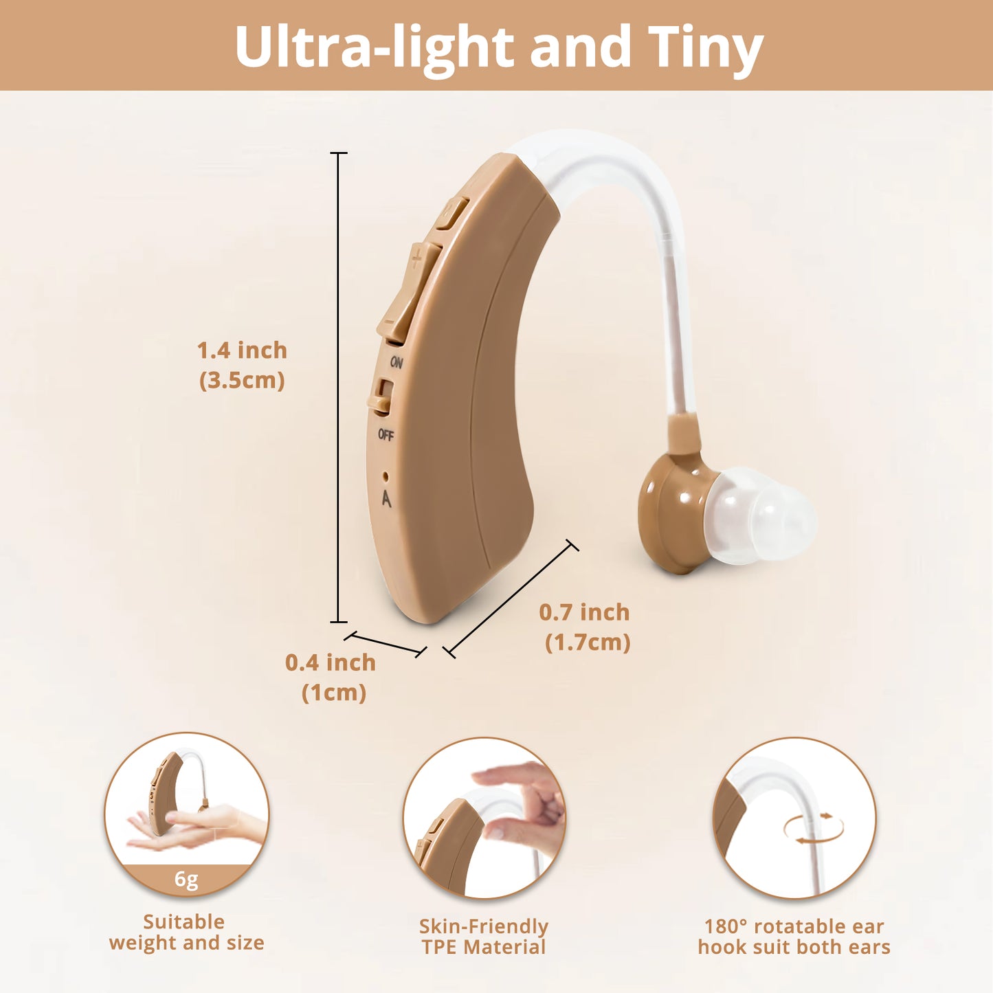 HIBRIQ VHP-1220AX Digital Hearing Aid for Adults, USB Rechargeable Sound Amplifier with Adjustable Volume & Modes, Intelligent Noise Reduction Sound Device, Beige, Single