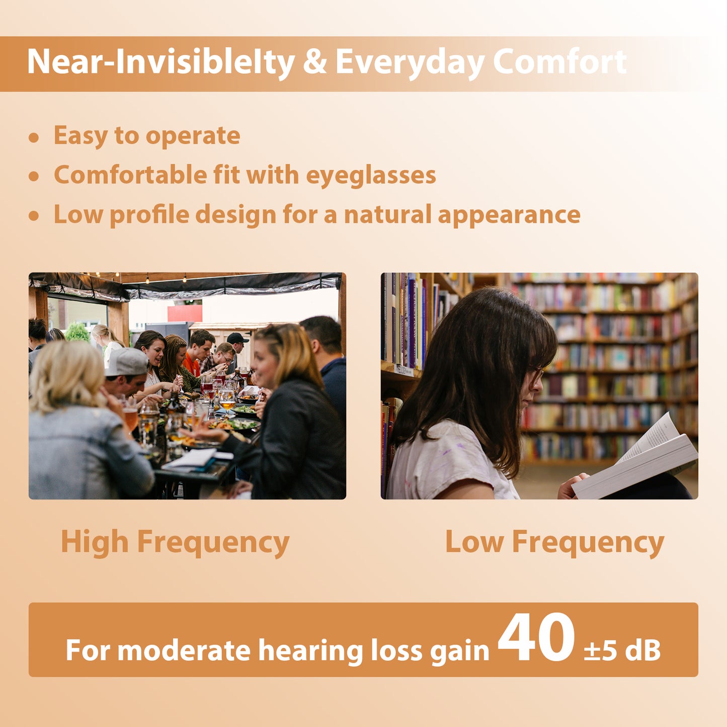 HIBRIQ VHP-1206 Binaural Rechargeable Hearing Aids, Adjustable Volume Sound Amplifiers to Improve Adult Auditory Experience, Beige.