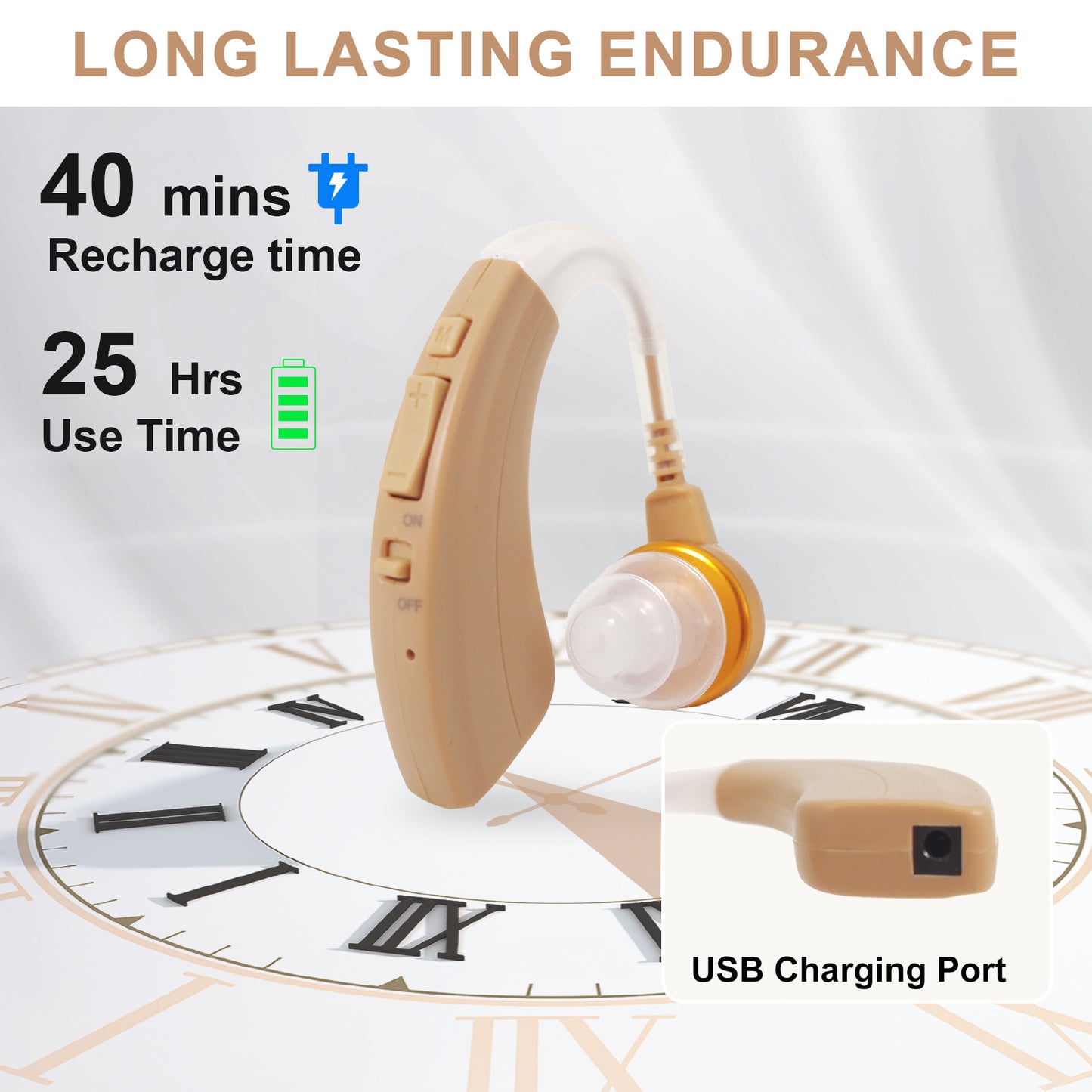 HIBRIQ VHP-1221 Single Hearing Aid, Intelligent Noise-Cancelling Sound Device with Multi-Level Volume Control & Frequency Adjustment, Rechargeable Design, Beige