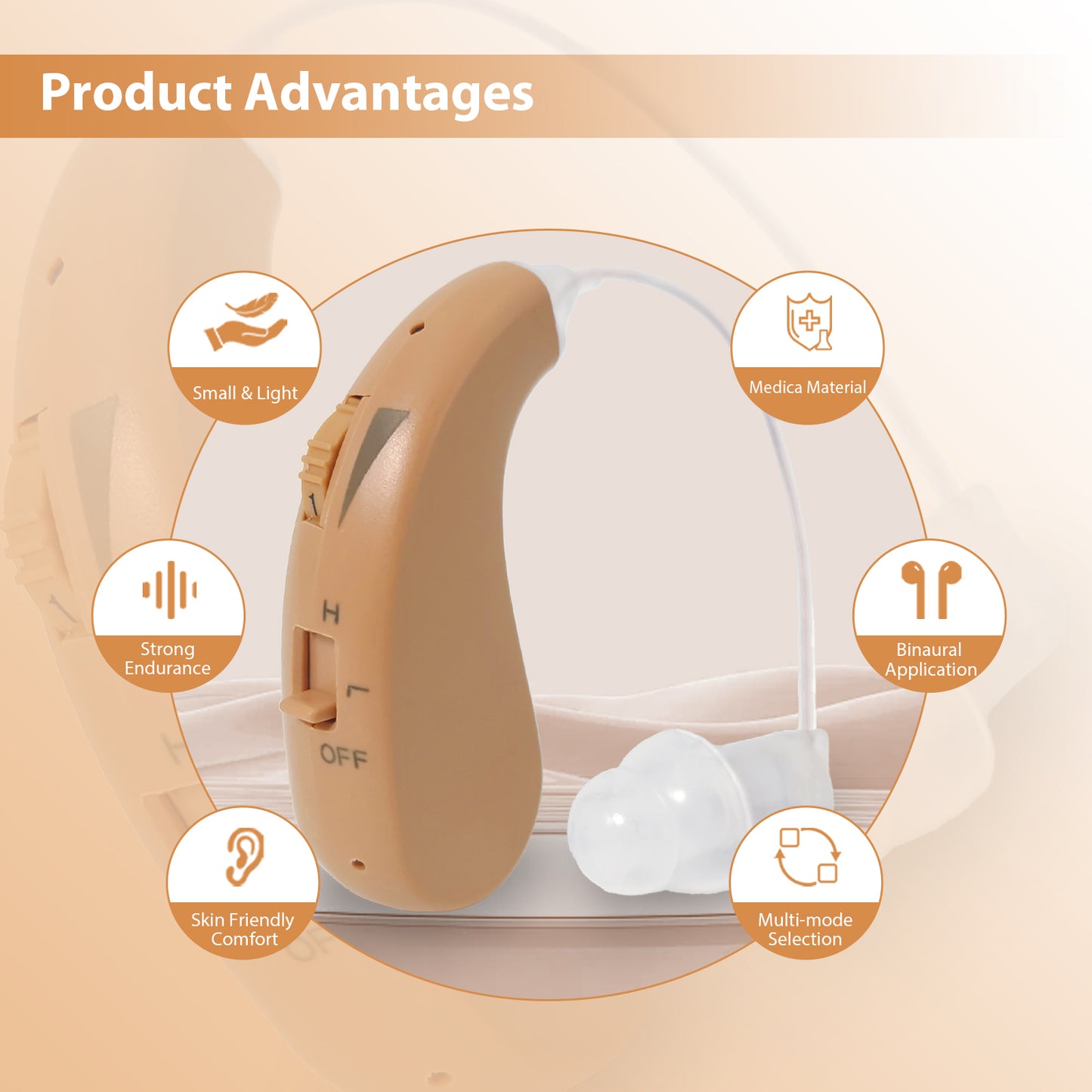 HIBRIQ VHP-1206 Binaural Rechargeable Hearing Aids, Adjustable Volume Sound Amplifiers to Improve Adult Auditory Experience, Beige.