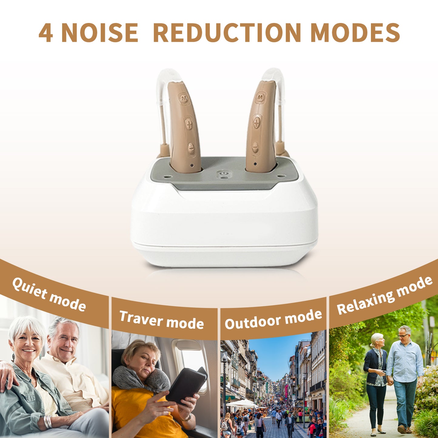 HIBRIQ VHP-1021 Rechargeable Hearing Aids, Hearing Device with 2 modes, Control with Button, Adjustable Volume Hearing Amplifiers for Adults, Portable Charging Cases Included. Beige.