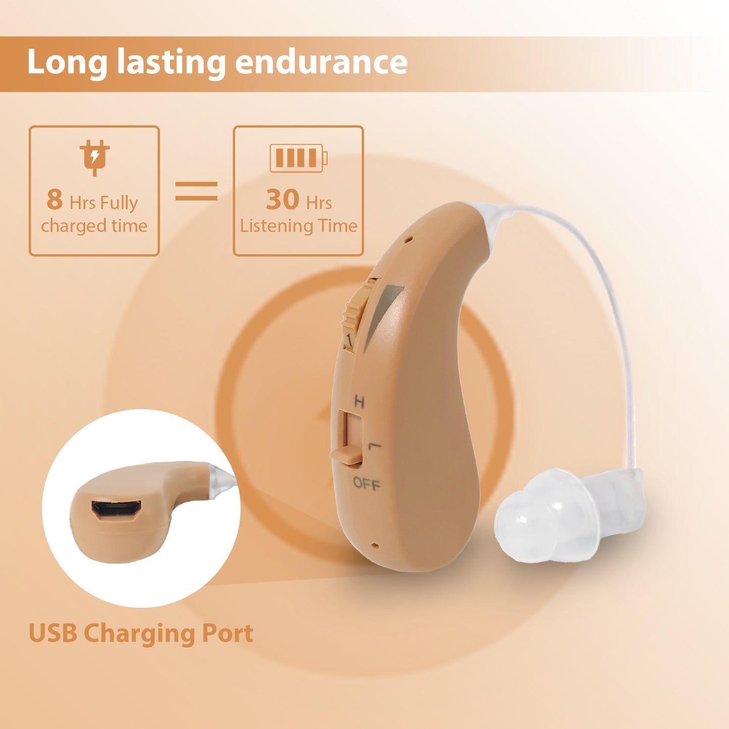 HIBRIQ VHP-1206 Single Rechargeable Hearing Aid, Adjustable Volume Sound Amplifier to Improve Adult Auditory Experience, Beige.