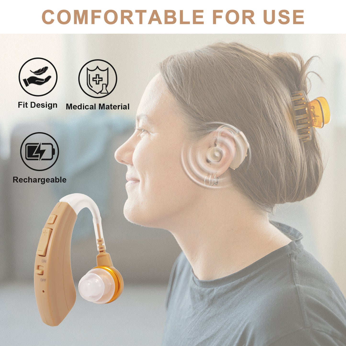 HIBRIQ VHP-1221 Single Hearing Aid, Intelligent Noise-Cancelling Sound Device with Multi-Level Volume Control & Frequency Adjustment, Rechargeable Design, Beige