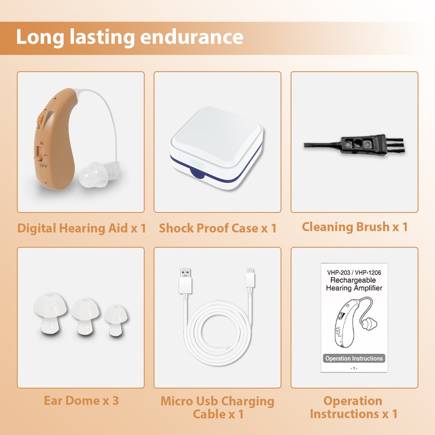 HIBRIQ VHP-1206 Single Rechargeable Hearing Aid, Adjustable Volume Sound Amplifier to Improve Adult Auditory Experience, Beige.