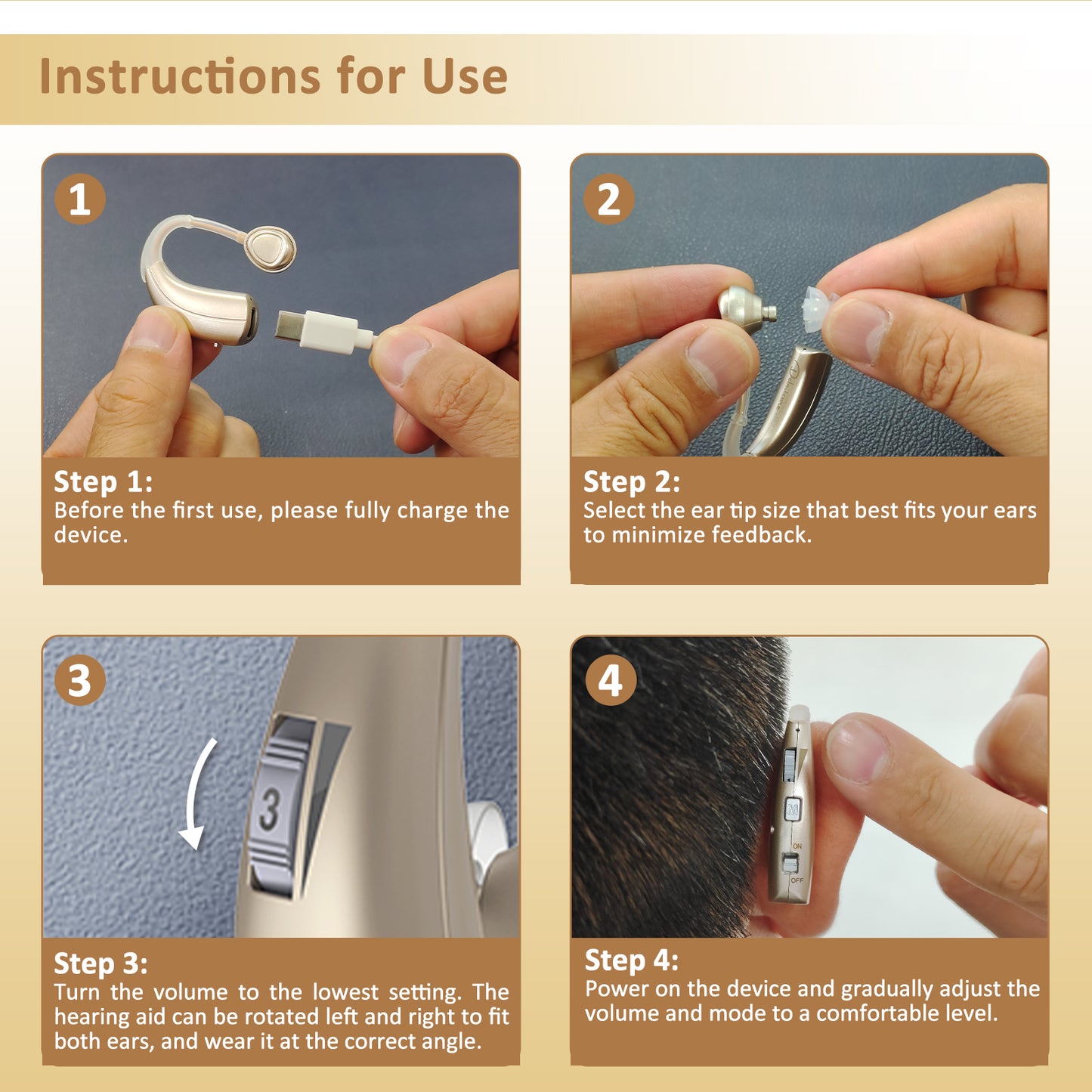 HIBRIQ VHP-1303 Hearing Aids for Adults: 2 Frequency Modes, Rechargeable Hearing Amplifiers, Noise-Cancelling Sound Devices with Adjustable Volume Controls, Binaural, Gold