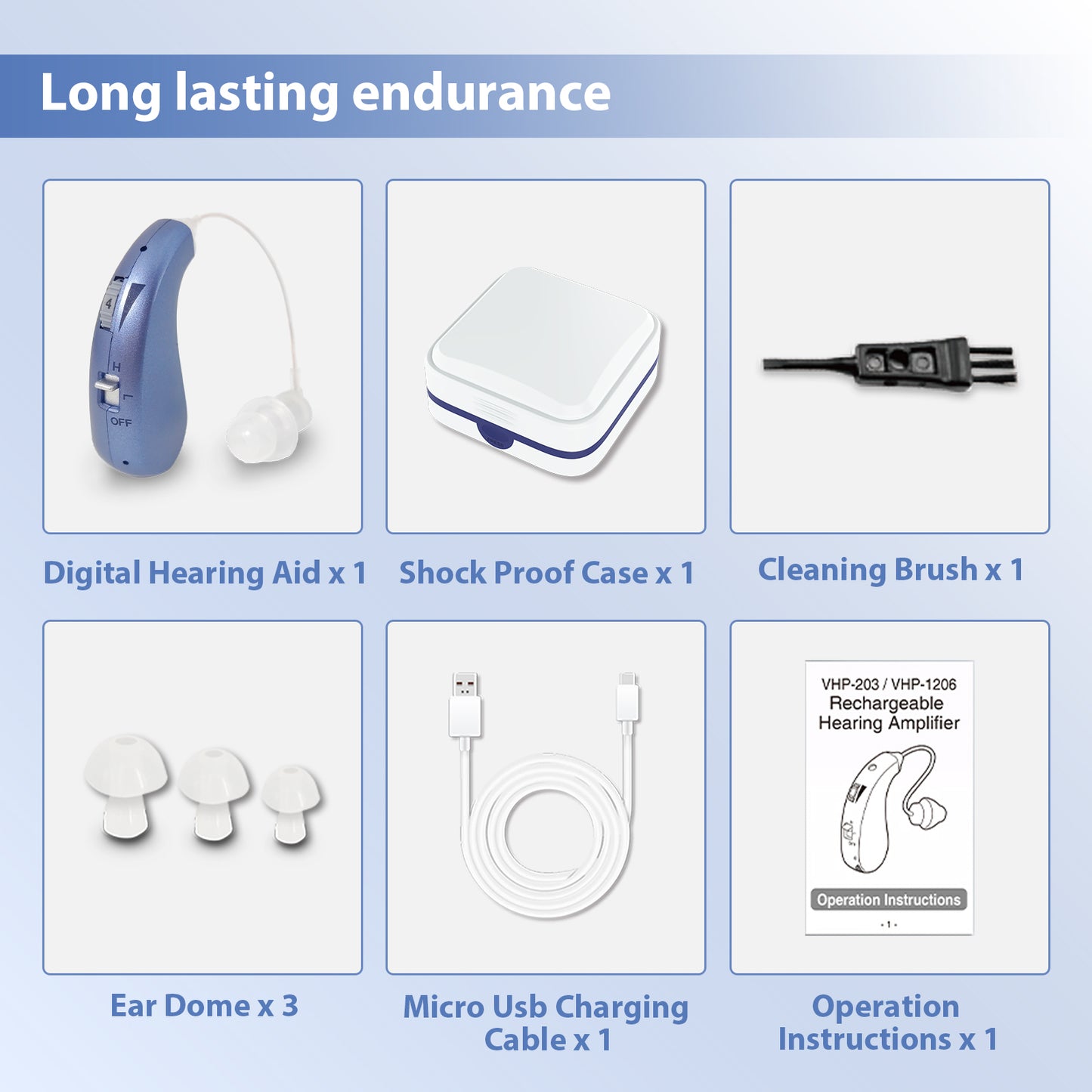 HIBRIQ VHP-1206 Single Rechargeable Hearing Aid, Adjustable Volume Sound Amplifier to Improve Adult Auditory Experience, Blue.