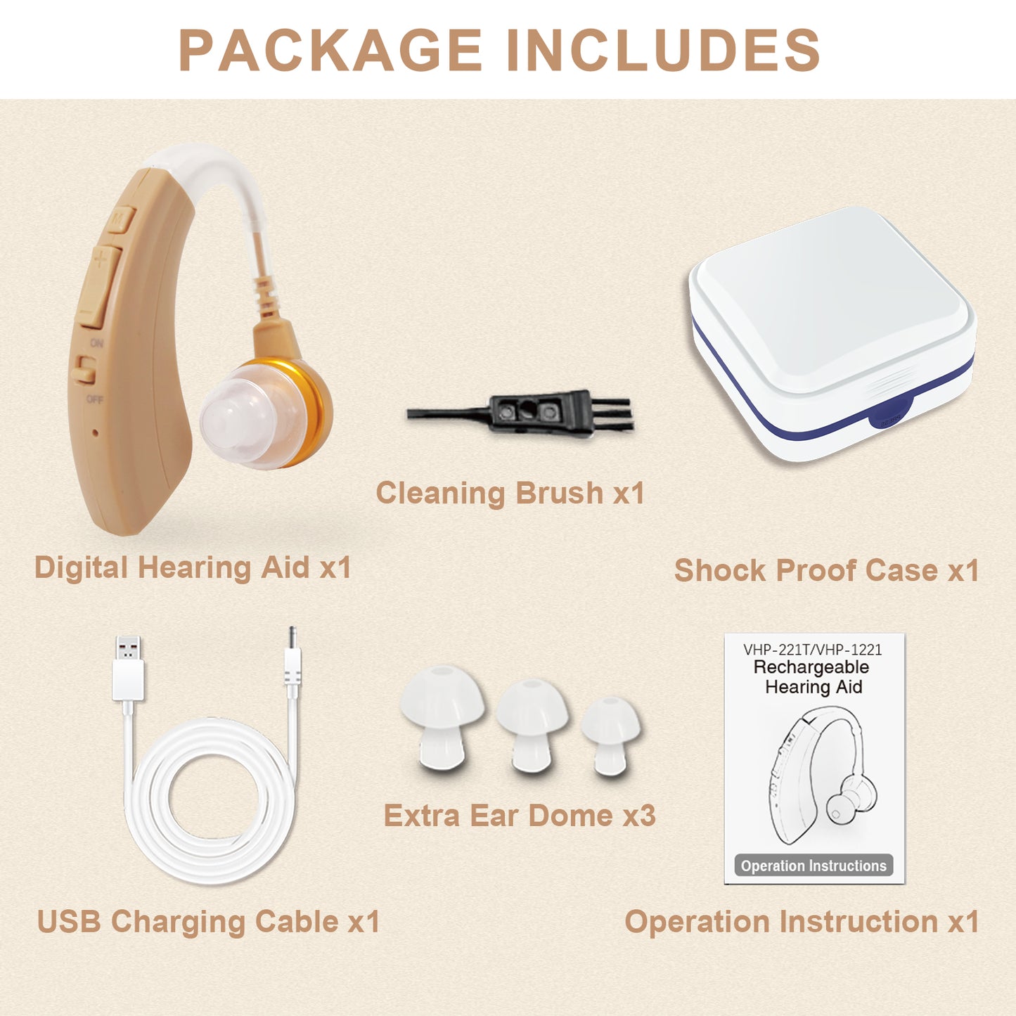 HIBRIQ VHP-1221 Single Hearing Aid, Intelligent Noise-Cancelling Sound Device with Multi-Level Volume Control & Frequency Adjustment, Rechargeable Design, Beige