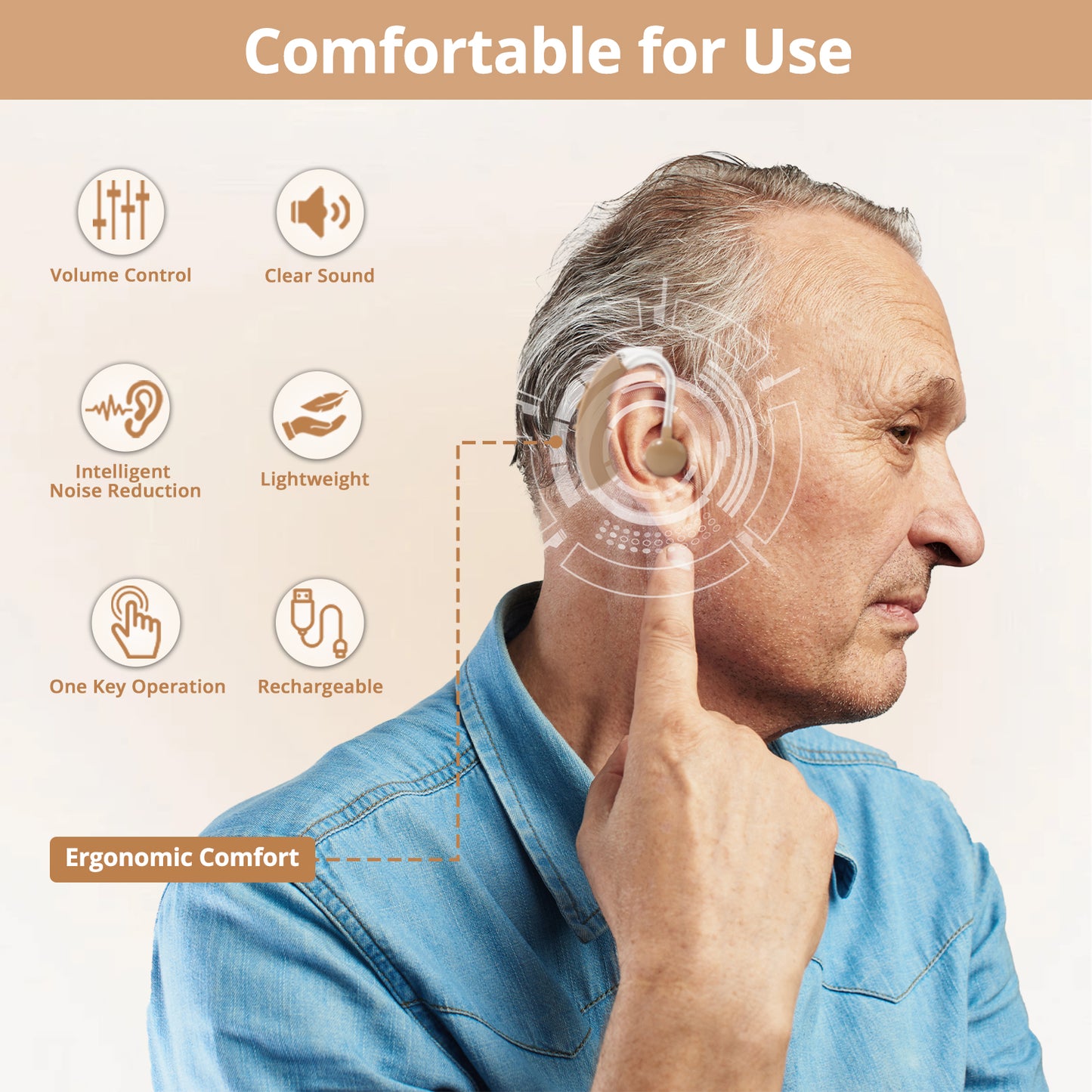 HIBRIQ VHP-1220AX Digital Hearing Aid for Adults, USB Rechargeable Sound Amplifier with Adjustable Volume & Modes, Intelligent Noise Reduction Sound Device, Beige, Single