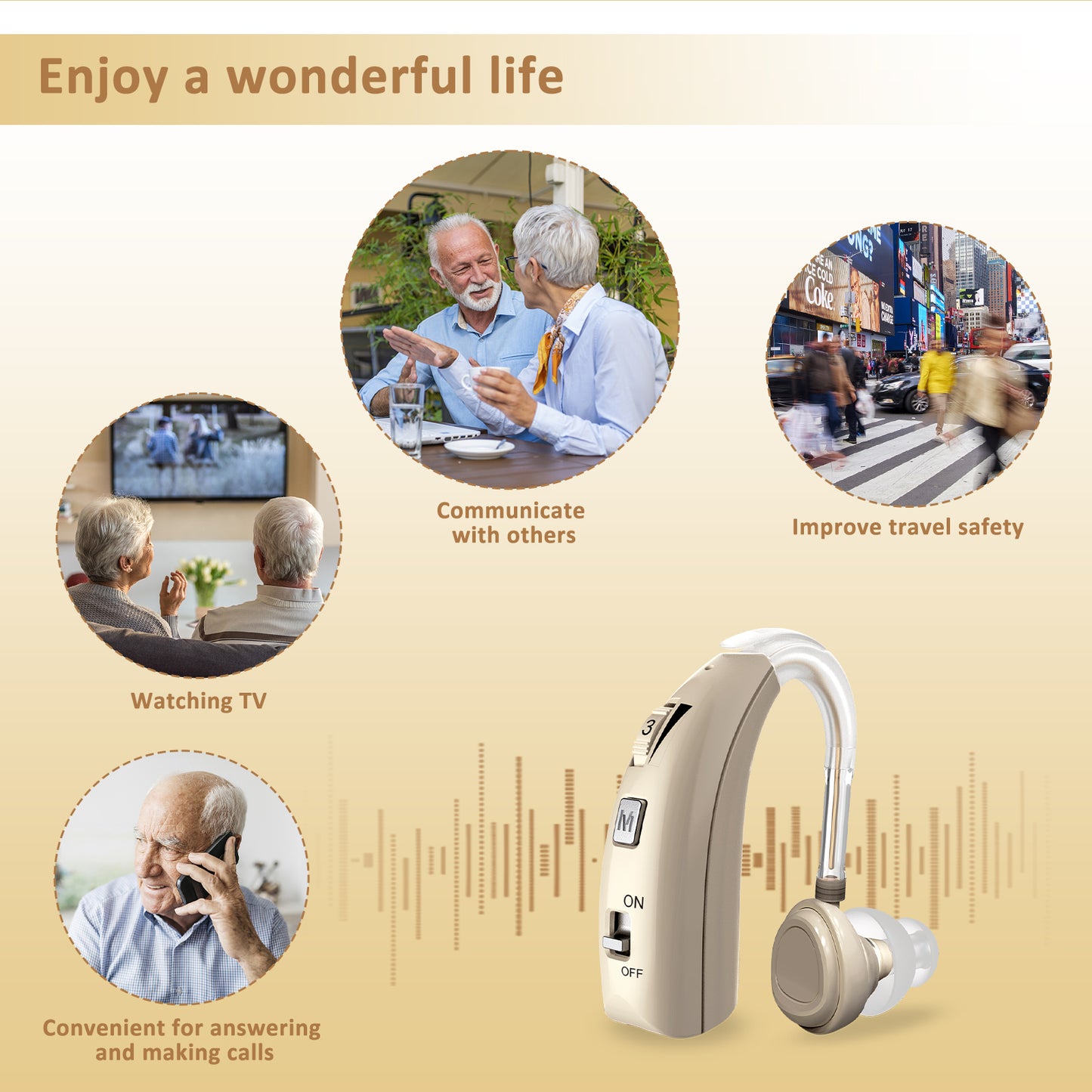 HIBRIQ VHP-1303 Hearing Aids for Adults: 2 Frequency Modes, Rechargeable Hearing Amplifiers, Noise-Cancelling Sound Devices with Adjustable Volume Controls, Binaural, Gold