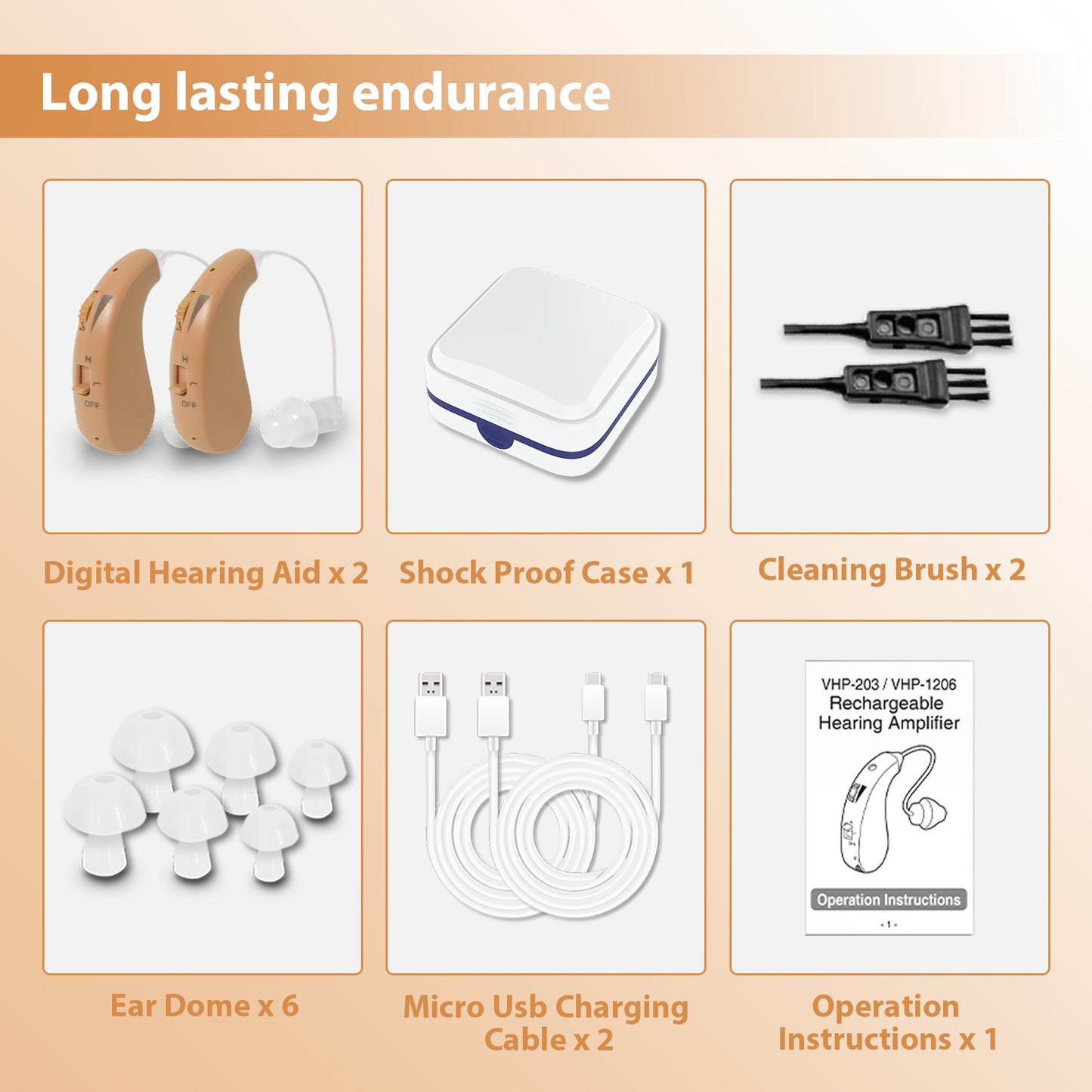 HIBRIQ VHP-1206 Binaural Rechargeable Hearing Aids, Adjustable Volume Sound Amplifiers to Improve Adult Auditory Experience, Beige.