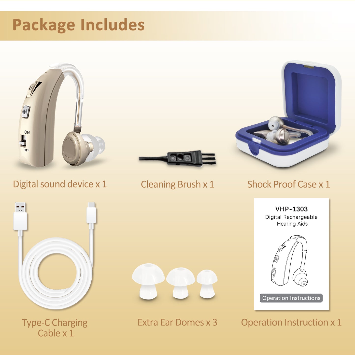 HIBRIQ VHP-1303 Hearing Aid for Adults: 2 Frequency Modes, Rechargeable Hearing Amplifier, Noise-Cancelling Sound Device with Adjustable Volume Controls, Single, Gold