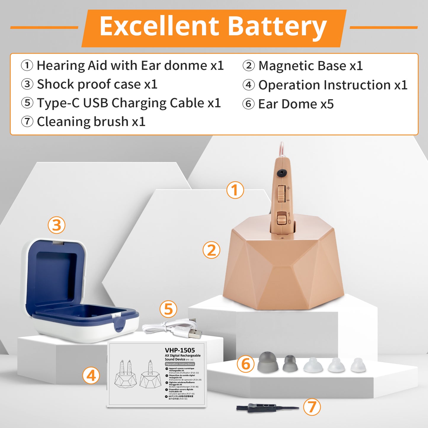 HIBRIQ VHP-1504 Hearing Aid for Seniors, Rechargeable Advanced Noise-Cancelling Hearing Amplifier with Volume Control, Crystal-Clear Sound, Long-Lasting Battery Life, Easy Charging with Dock, Single, Beige