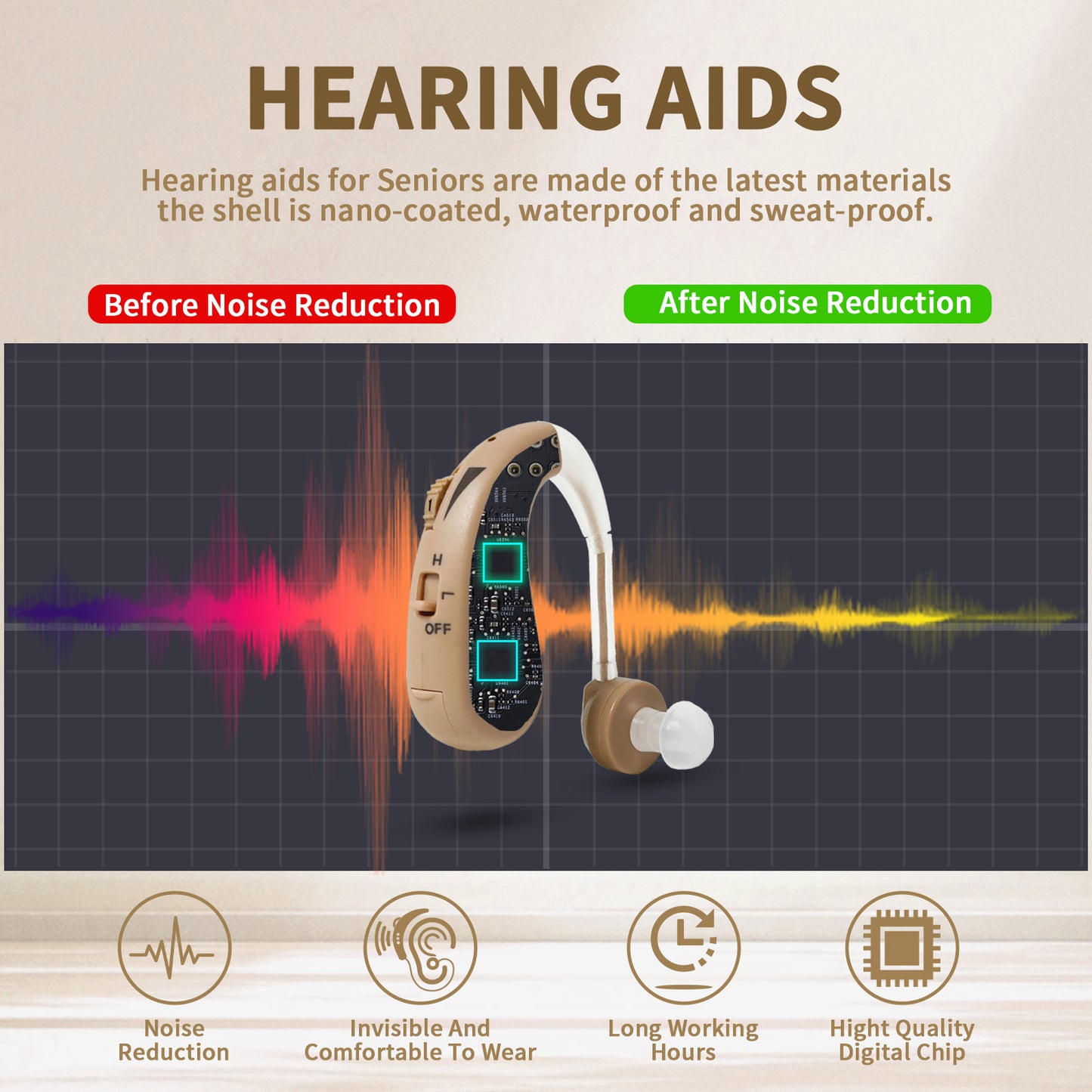HIBRIQ HAP-20T Hearing Aid for Adults, Hearing Amplifier with Replaceable Battery, Single (Beige)