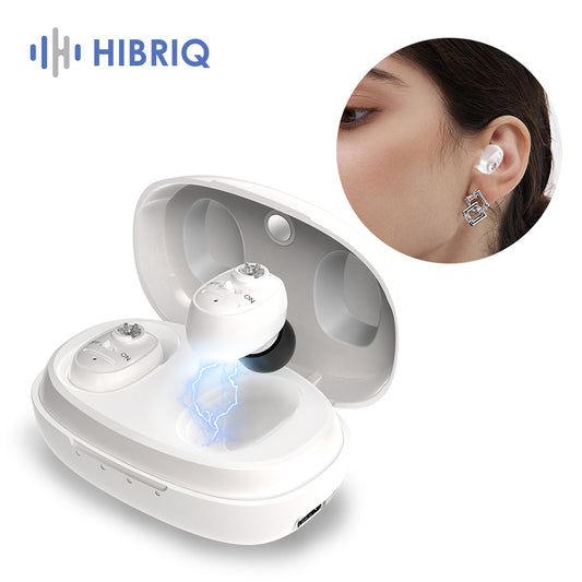 HIBRIQ VHP-1607 Hearing Aids, Rechargeable Hearing Amplifiers with Portable Charging Case, Binarual (White)
