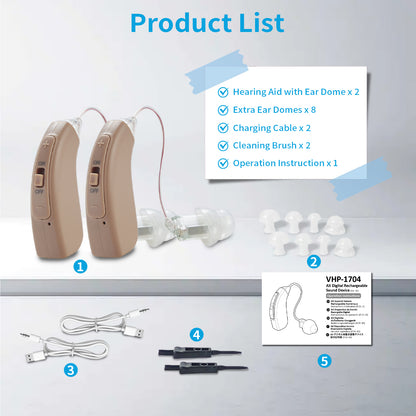 HIBRIQ VHP-1704 Binaural Hearing Aids, Rechargeable Hearing Amplifiers for Adults, Sound Devices with Comfortable Fit, Adjustable Volume, Beige