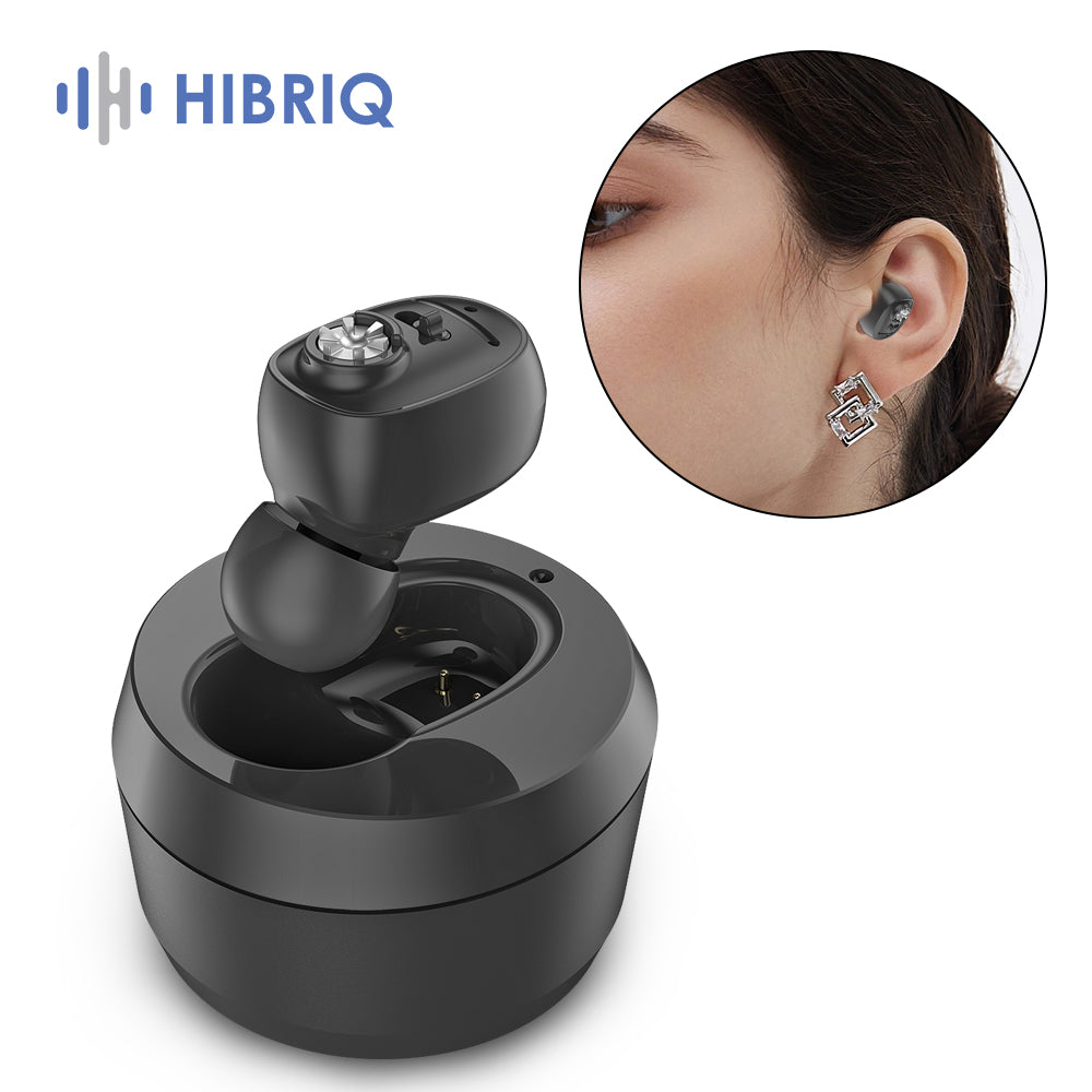 HIBRIQ VHP-1607 Hearing Aids, Rechargeable Hearing Amplifiers with Portable Charging Case, Single (Black)
