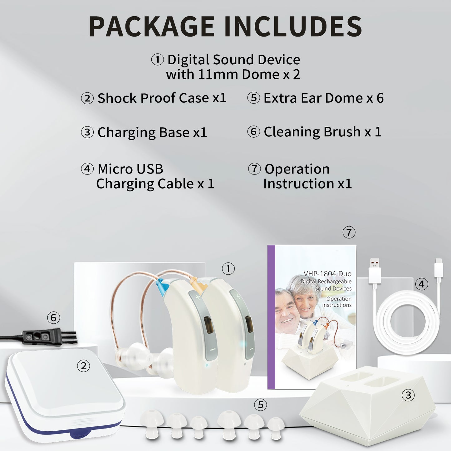 HIBRIQ VHP-1804 Hearing Aids, 32-Channel 4-Mode Sound Devices with Noise-Cancelling, Adjustable Volume Hearing Amplifiers for Seniors, Portable Charging Case Included, White