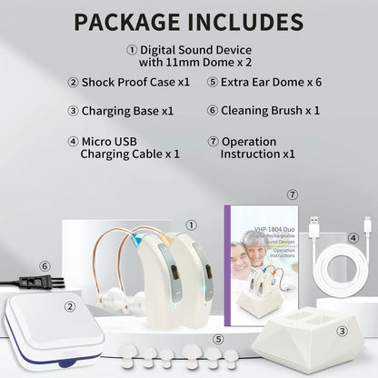 HIBRIQ VHP-1804 Hearing Aids, 32-Channel 4-Mode Sound Devices with Noise-Cancelling, Adjustable Volume Hearing Amplifiers for Seniors, Portable Charging Case Included, White