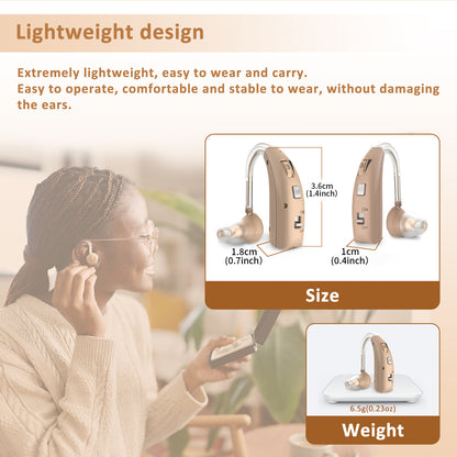 HIBRIQ VHP-1303 Hearing Aid for Adults: 2 Frequency Modes, Rechargeable Hearing Amplifier, Noise-Cancelling Sound Device with Adjustable Volume Controls, Single, Beige