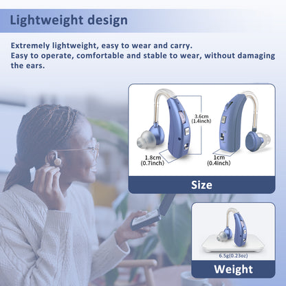 HIBRIQ VHP-1303 Hearing Aid for Adults: 2 Frequency Modes, Rechargeable Hearing Amplifier, Noise-Cancelling Sound Device with Adjustable Volume Controls, Single, Blue