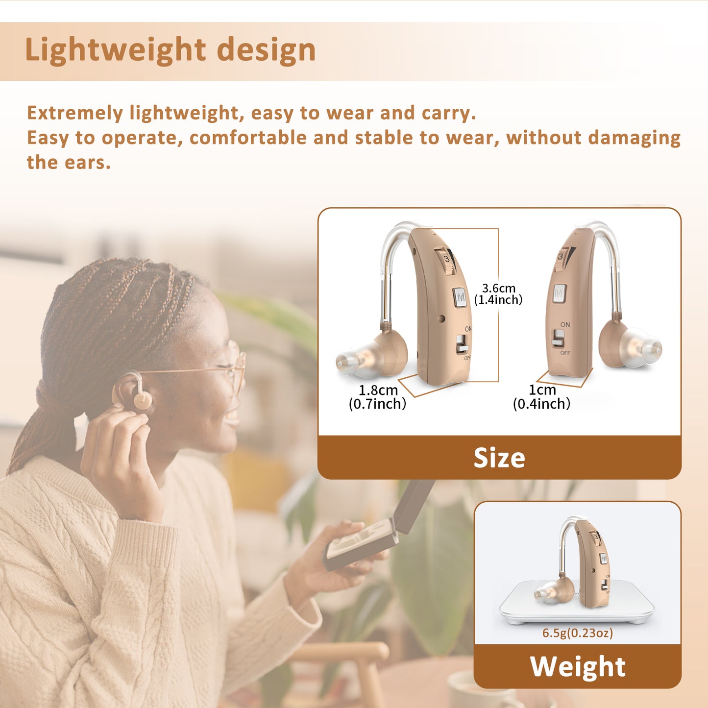 HIBRIQ VHP-1303 Hearing Aids for Adults: 2 Frequency Modes, Rechargeable Hearing Amplifiers, Noise-Cancelling Sound Devices with Adjustable Volume Controls, Binaural, Beige