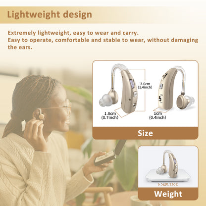 HIBRIQ VHP-1303 Hearing Aid for Adults: 2 Frequency Modes, Rechargeable Hearing Amplifier, Noise-Cancelling Sound Device with Adjustable Volume Controls, Single, Gold