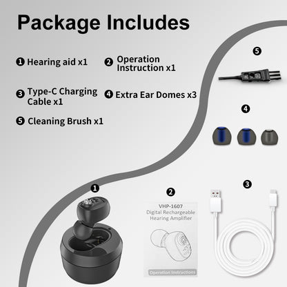HIBRIQ VHP-1607 Hearing Aids, Rechargeable Hearing Amplifiers with Portable Charging Case, Single (Black)