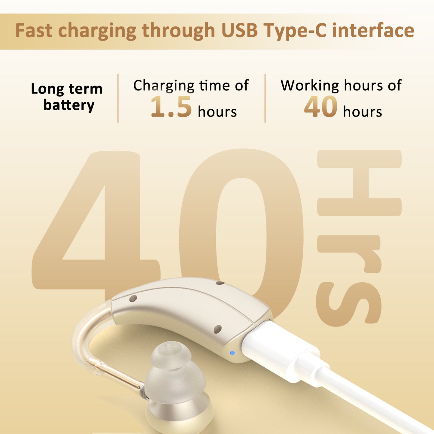 HIBRIQ VHP-1303 Hearing Aid for Adults: 2 Frequency Modes, Rechargeable Hearing Amplifier, Noise-Cancelling Sound Device with Adjustable Volume Controls, Single, Gold