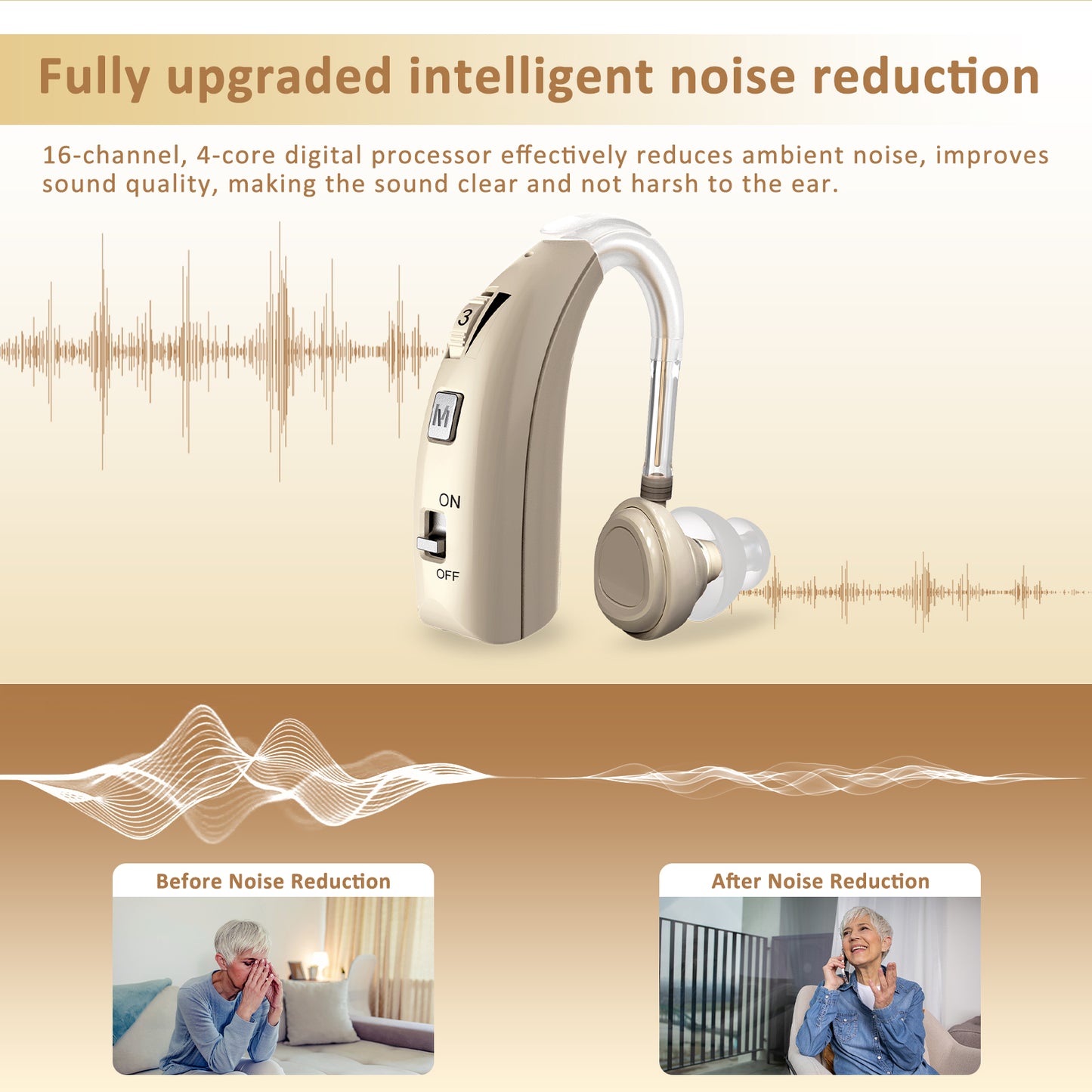 HIBRIQ VHP-1303 Hearing Aid for Adults: 2 Frequency Modes, Rechargeable Hearing Amplifier, Noise-Cancelling Sound Device with Adjustable Volume Controls, Single, Gold