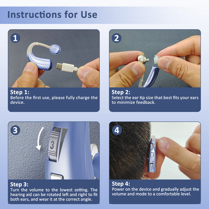 HIBRIQ VHP-1303 Hearing Aids for Adults: 2 Frequency Modes, Rechargeable Hearing Amplifiers, Noise-Cancelling Sound Devices with Adjustable Volume Controls, Binaural, Blue