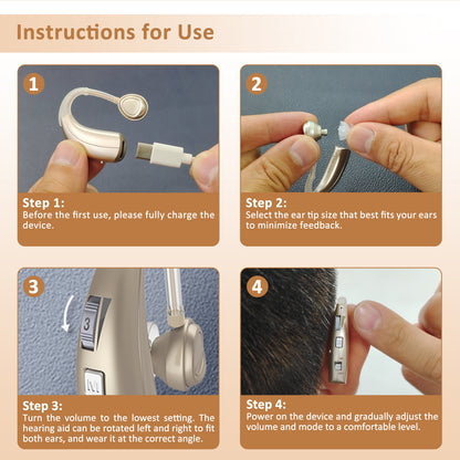 HIBRIQ VHP-1303 Hearing Aids for Adults: 2 Frequency Modes, Rechargeable Hearing Amplifiers, Noise-Cancelling Sound Devices with Adjustable Volume Controls, Binaural, Beige