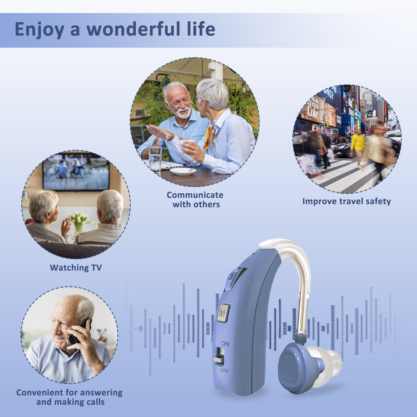 HIBRIQ VHP-1303 Hearing Aids for Adults: 2 Frequency Modes, Rechargeable Hearing Amplifiers, Noise-Cancelling Sound Devices with Adjustable Volume Controls, Binaural, Blue