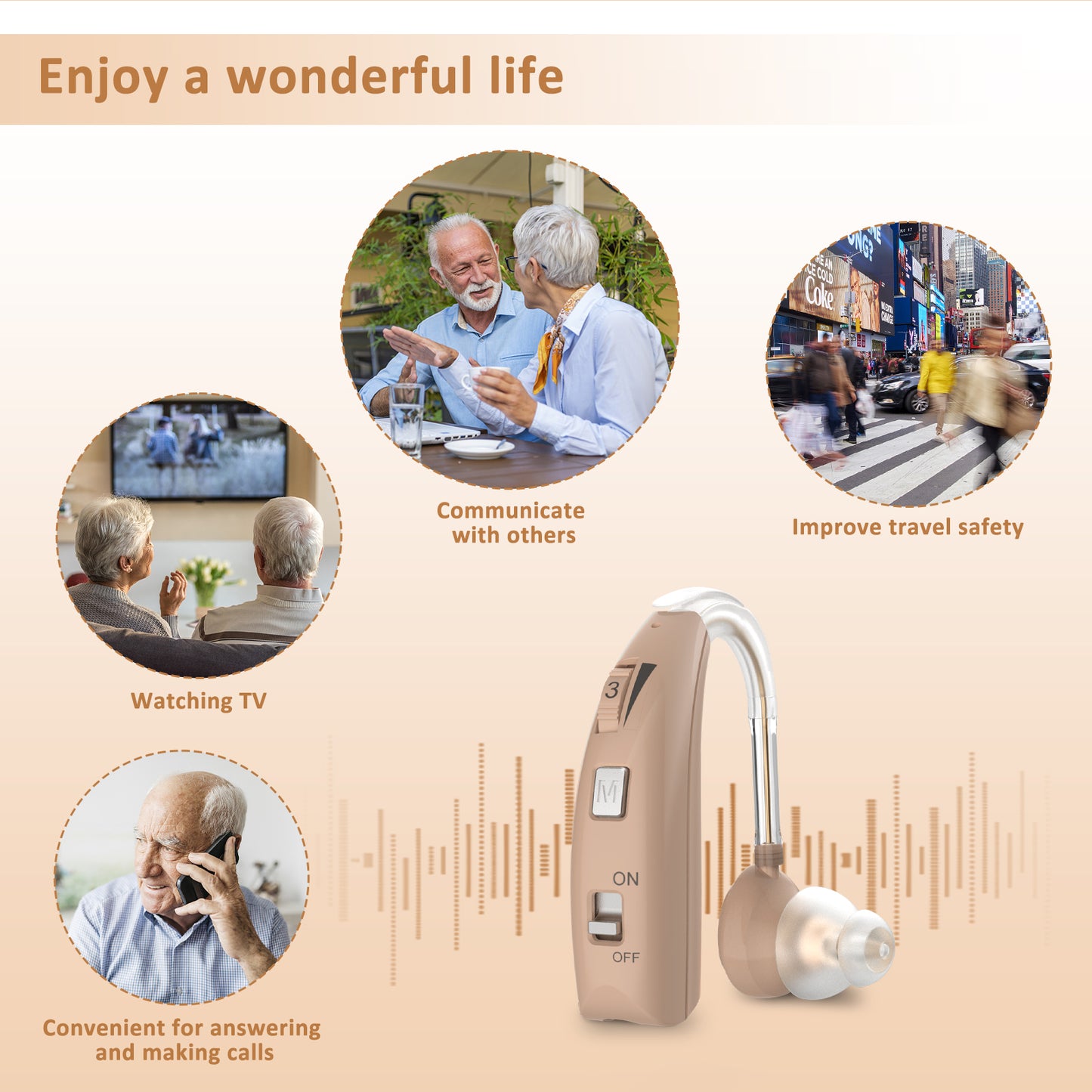 HIBRIQ VHP-1303 Hearing Aid for Adults: 2 Frequency Modes, Rechargeable Hearing Amplifier, Noise-Cancelling Sound Device with Adjustable Volume Controls, Single, Beige
