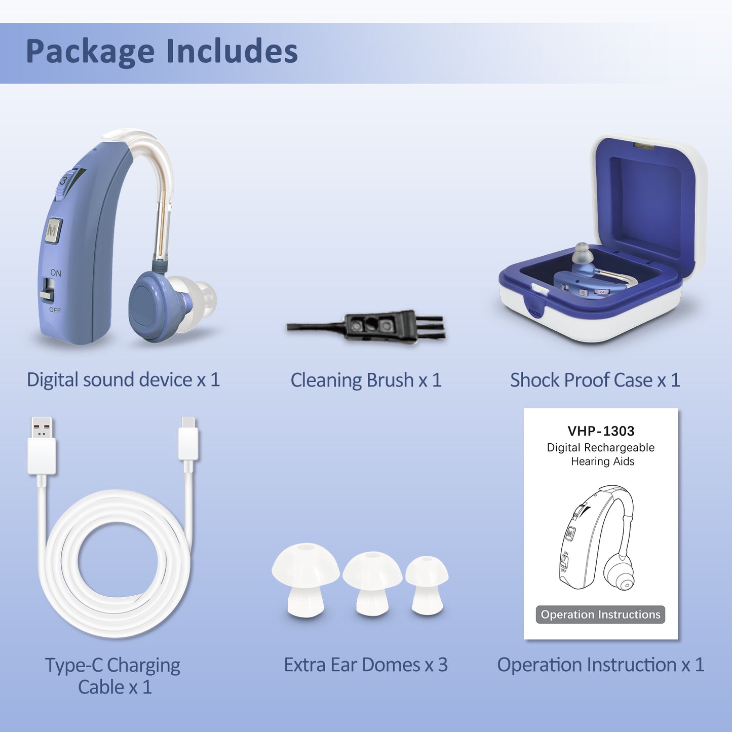 HIBRIQ VHP-1303 Hearing Aid for Adults: 2 Frequency Modes, Rechargeable Hearing Amplifier, Noise-Cancelling Sound Device with Adjustable Volume Controls, Single, Blue
