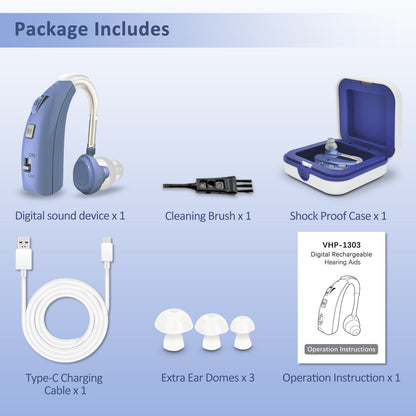 HIBRIQ VHP-1303 Hearing Aid for Adults: 2 Frequency Modes, Rechargeable Hearing Amplifier, Noise-Cancelling Sound Device with Adjustable Volume Controls, Single, Blue
