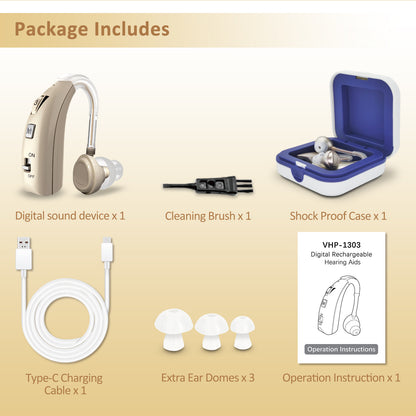 HIBRIQ VHP-1303 Hearing Aid for Adults: 2 Frequency Modes, Rechargeable Hearing Amplifier, Noise-Cancelling Sound Device with Adjustable Volume Controls, Single, Gold