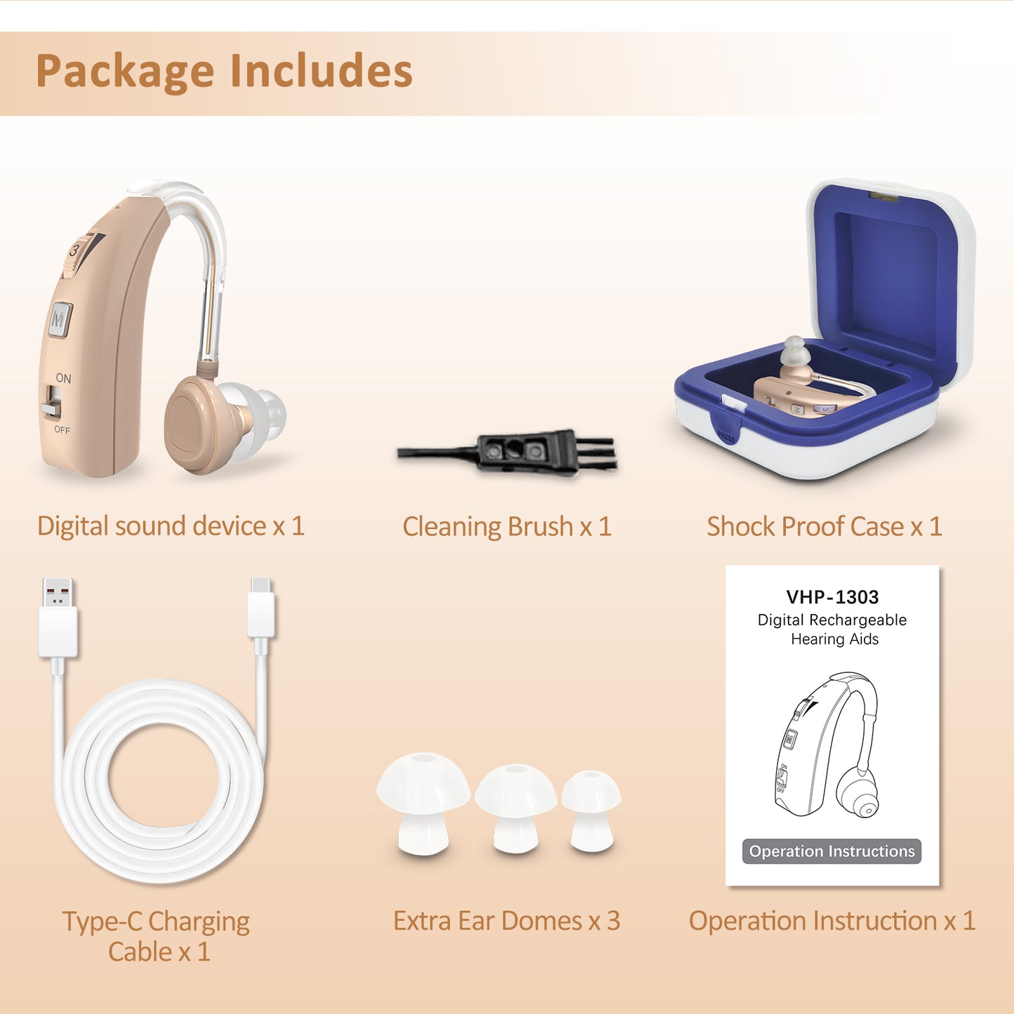 HIBRIQ VHP-1303 Hearing Aid for Adults: 2 Frequency Modes, Rechargeable Hearing Amplifier, Noise-Cancelling Sound Device with Adjustable Volume Controls, Single, Beige