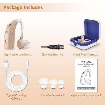 HIBRIQ VHP-1303 Hearing Aid for Adults: 2 Frequency Modes, Rechargeable Hearing Amplifier, Noise-Cancelling Sound Device with Adjustable Volume Controls, Single, Beige