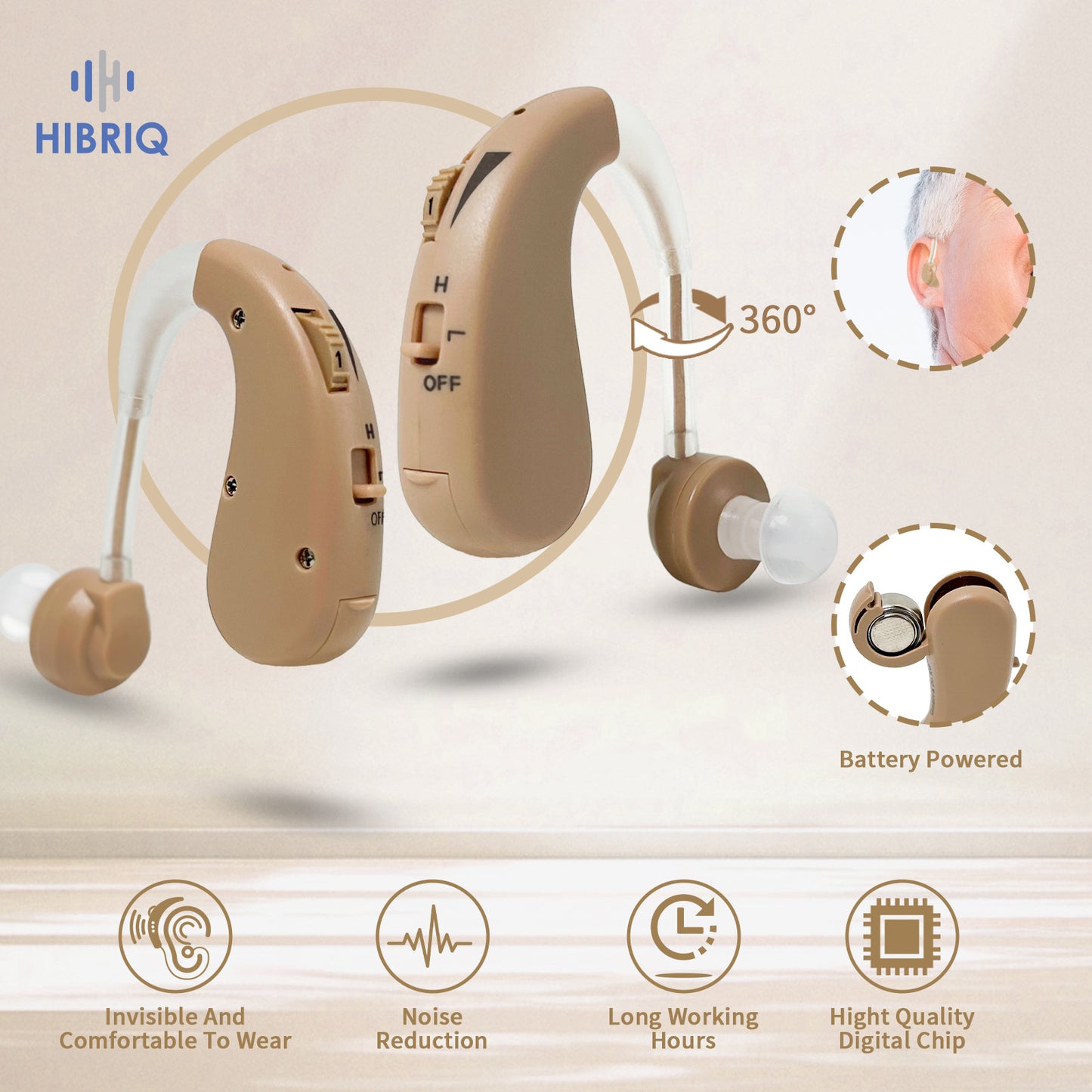 HIBRIQ HAP-20T Hearing Aids for Adults, Hearing Amplifiers with Replaceable Battery, Binaural (Beige)