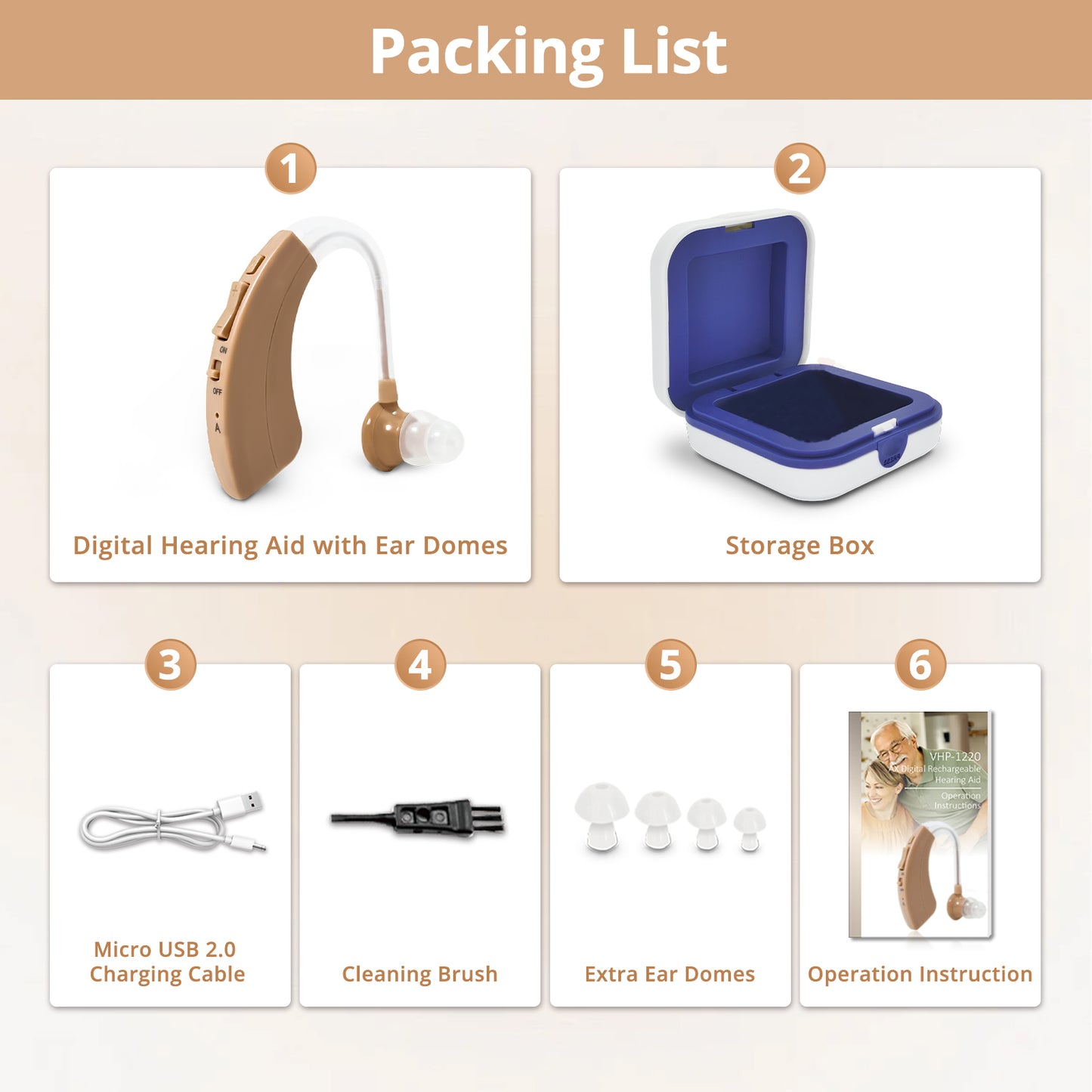 HIBRIQ VHP-1220AX Digital Hearing Aid for Adults, USB Rechargeable Sound Amplifier with Adjustable Volume & Modes, Intelligent Noise Reduction Sound Device, Beige, Single