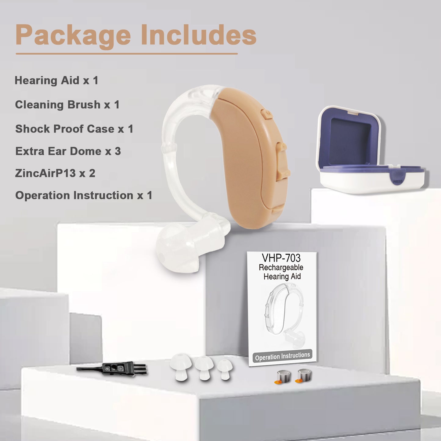 HIBRIQ VHP-703 Hearing Aid for Adults, Hearing Amplifier with Replaceable Battery, Single, Beige
