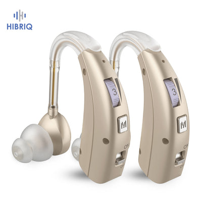 HIBRIQ VHP-1303 Hearing Aids for Adults: 2 Frequency Modes, Rechargeable Hearing Amplifiers, Noise-Cancelling Sound Devices with Adjustable Volume Controls, Binaural, Gold