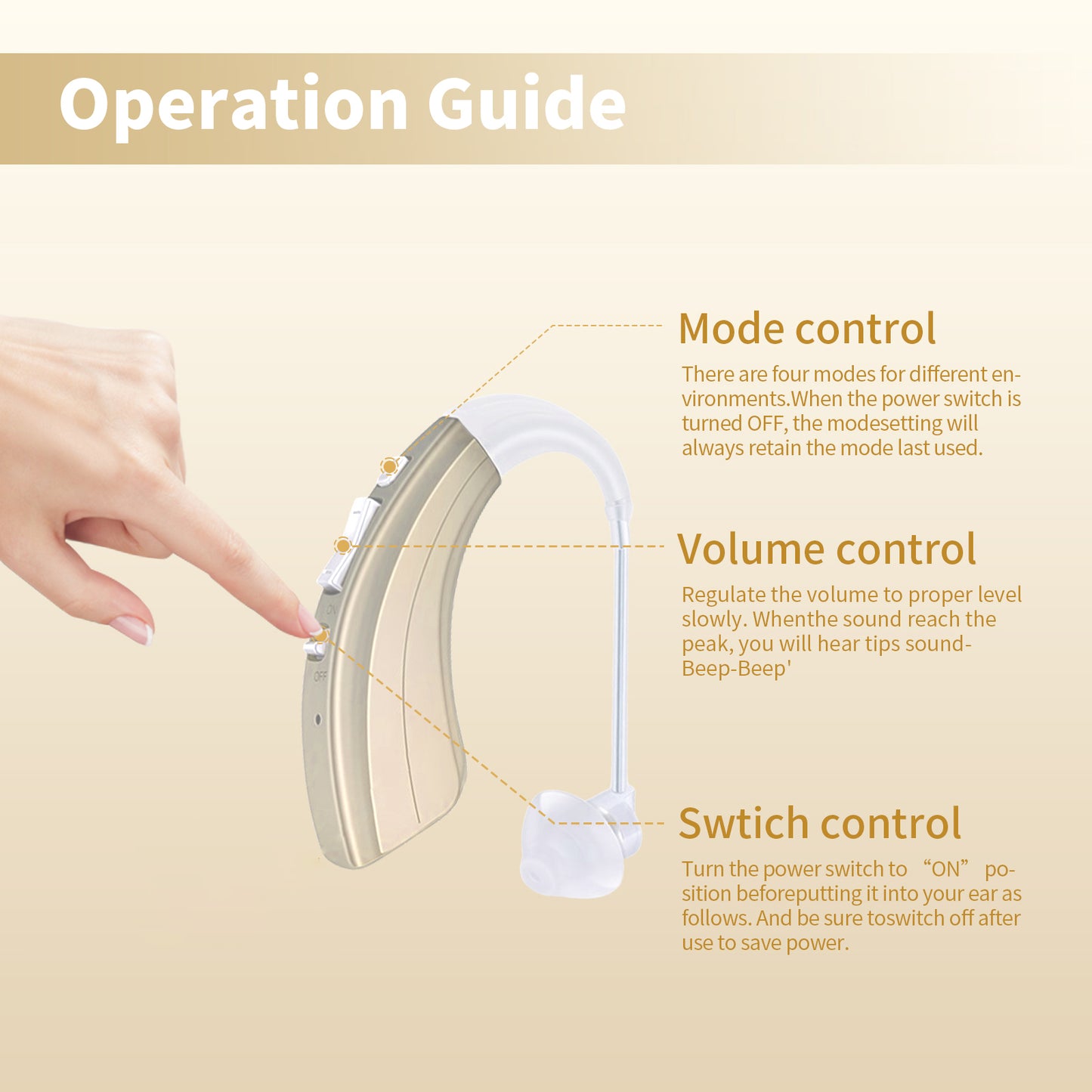 HIBRIQ VHP-1222 Advanced Hearing Aid for Adults, Rechargeable Hearing Amplifier with Intelligent Noise Reduction, Adjustable Volume & Mode, Gold, Single